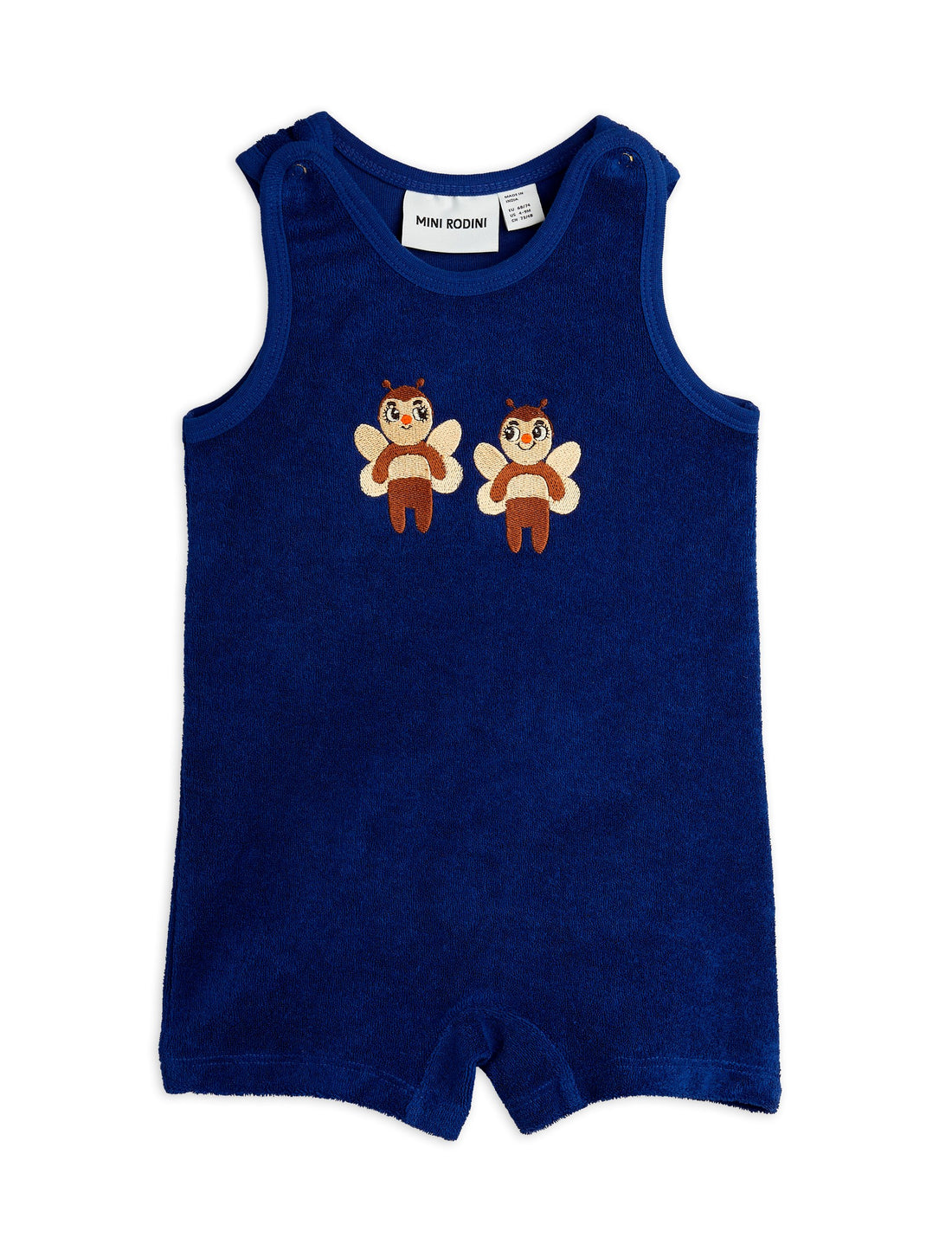 Mini Rodini  Bees Embroidery Terry Baby Summersuit - Blue