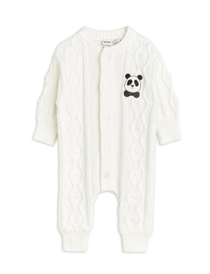 Mini Rodini Panda Texture Knit Baby Onesie - Off White