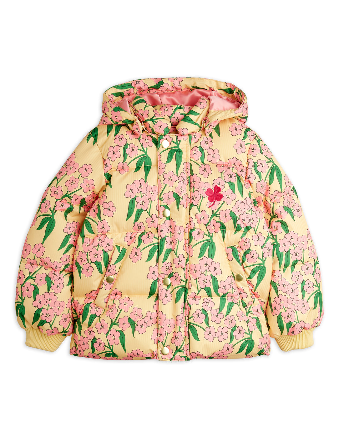 Mini Rodini Alpine Flowers All Over Print Hooded Puffer - Yellow