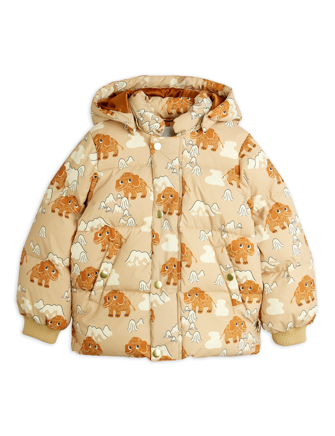 Mini Rodini Mammoths All Over Print Hooded Puffer - Beige