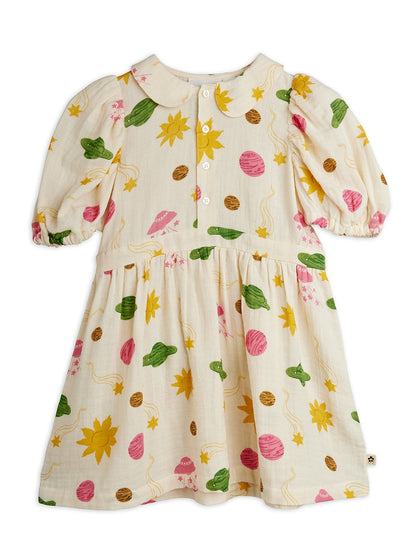 Mini Rodini Space All Over Print Muslin Woven Short Sleeve Dress - Off White
