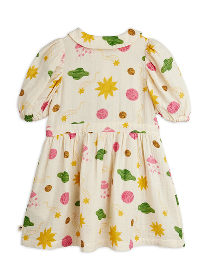 Mini Rodini Space All Over Print Muslin Woven Short Sleeve Dress - Off White