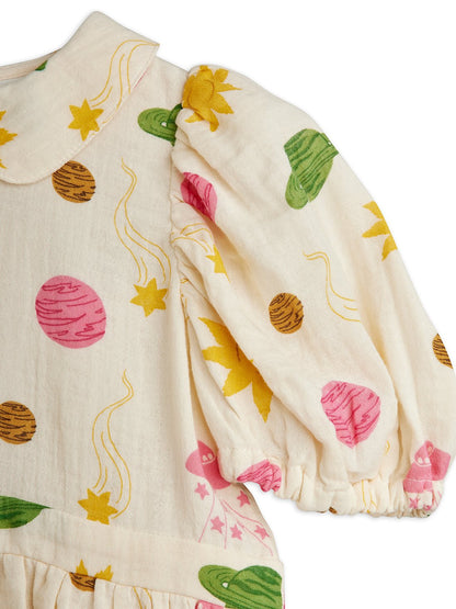 Mini Rodini Space All Over Print Muslin Woven Short Sleeve Dress - Off White