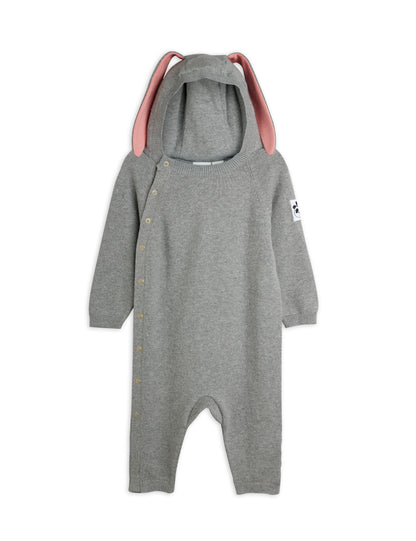 Mini Rodini Rabbit Ear Fine Knit Baby Jumpsuit - Grey