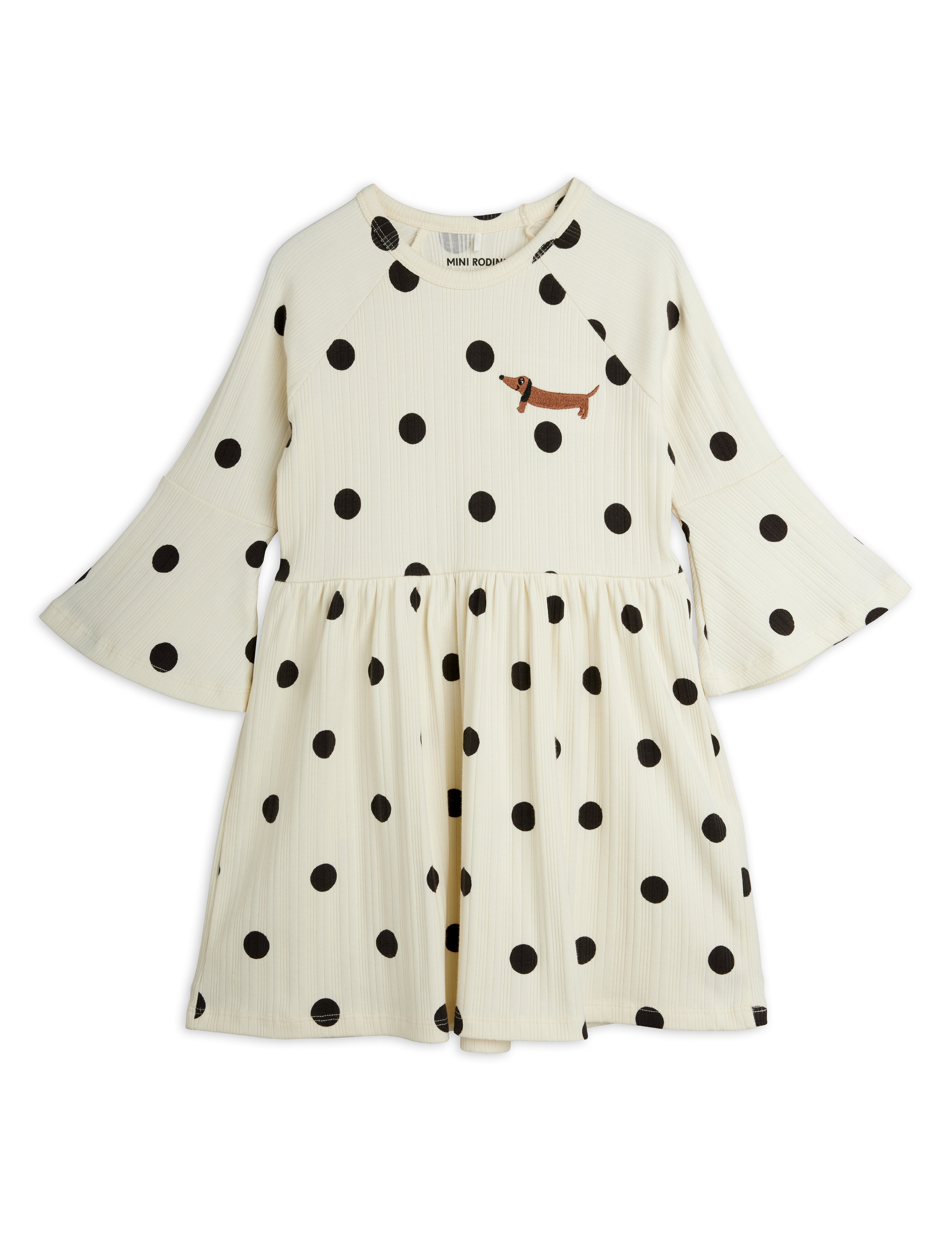 Mini Rodini Dots Aop Dog Trumpet Sleeve Dress - Off White