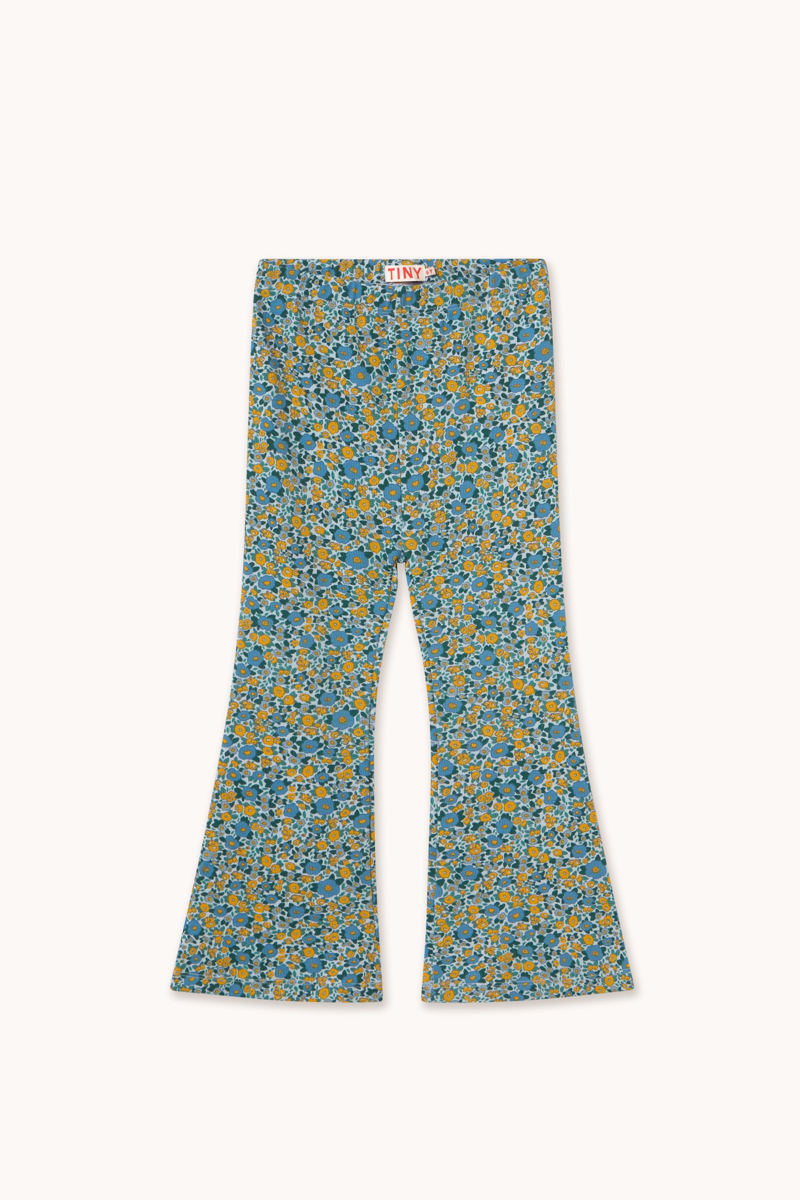 Tiny Cottons Flower Pattern Rib Pant - Washed Blue