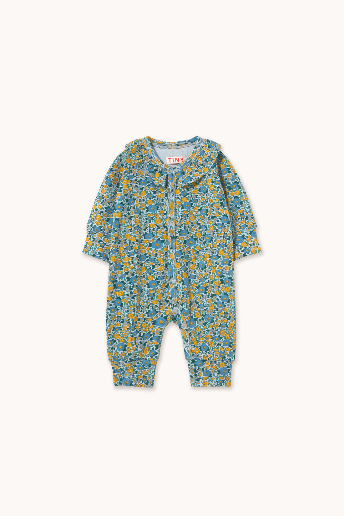 Tiny Cottons Flower Pattern Rib One Piece - Washed Blue