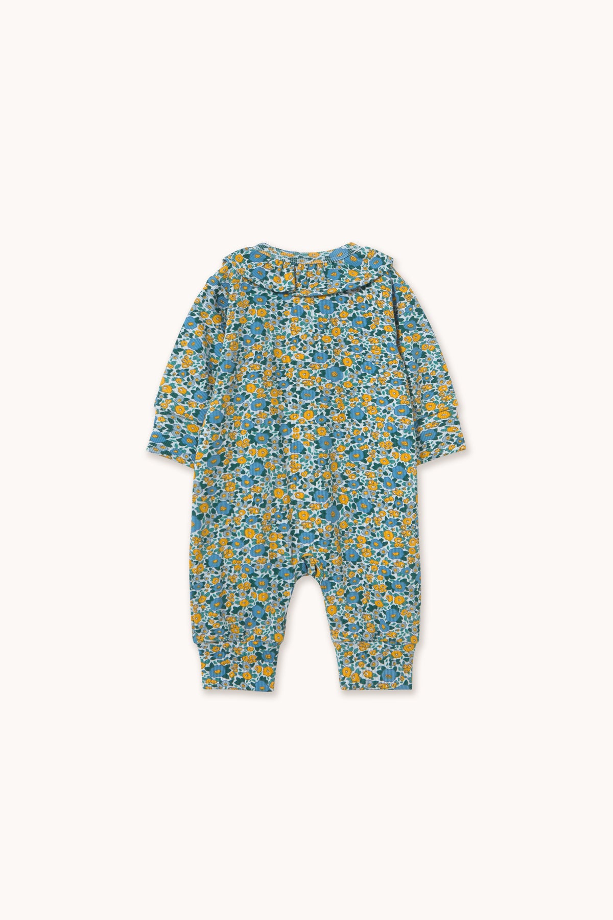 Tiny Cottons Flower Pattern Rib One Piece - Washed Blue