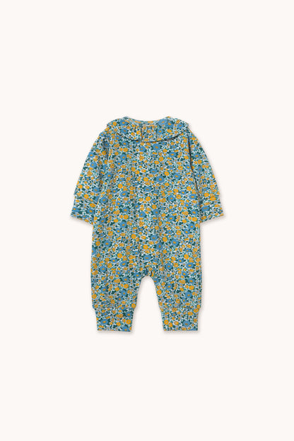 Tiny Cottons Flower Pattern Rib One Piece - Washed Blue