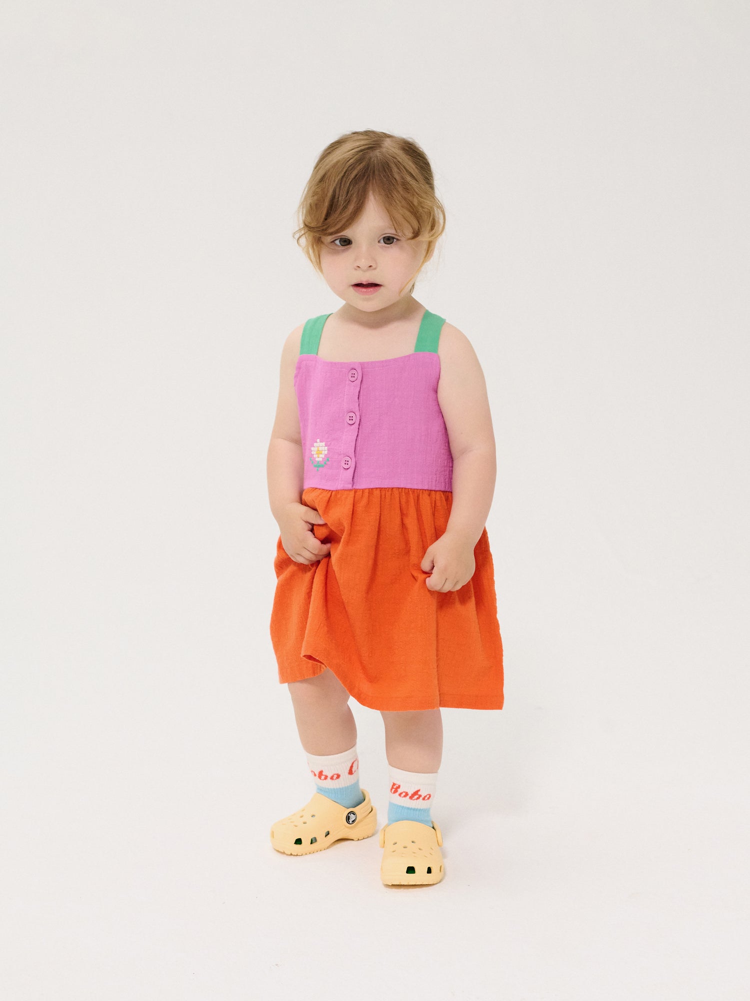 Bobo Choses Baby Pixel Daisy Color Block Woven Dress - Orange