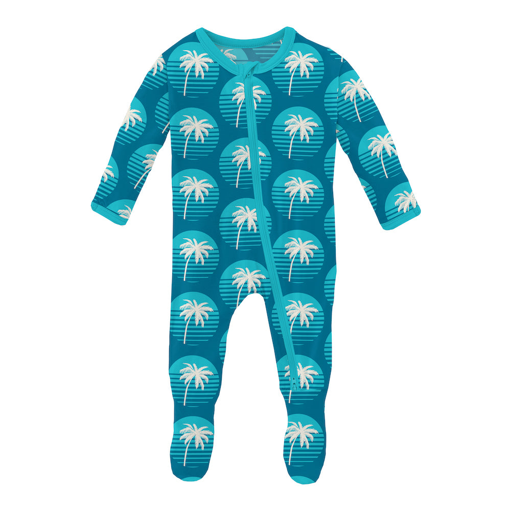 Kickee Pants Print Footie With 2 Way Zipper - Cerulean Blue Palm Tree sun
