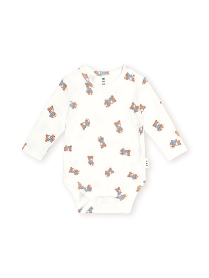 Huxbaby Tumbling Bow Hux Long Sleeve Bodysuit  - Almond Milk / Blue