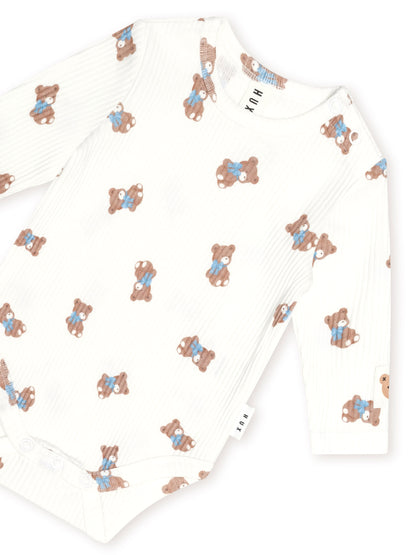Huxbaby Tumbling Bow Hux Long Sleeve Bodysuit  - Almond Milk / Blue