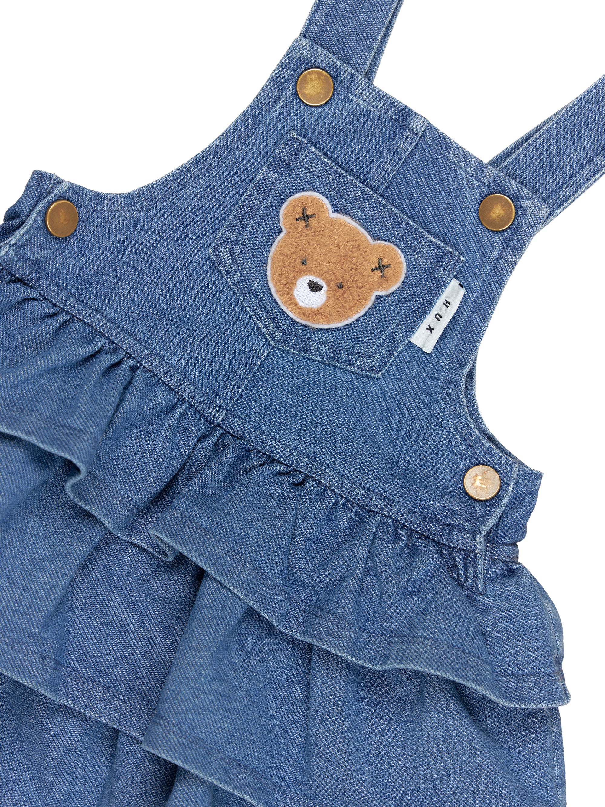 Huxbaby Huxbear Knit Denim Frill Overall Dress- Denim Blue