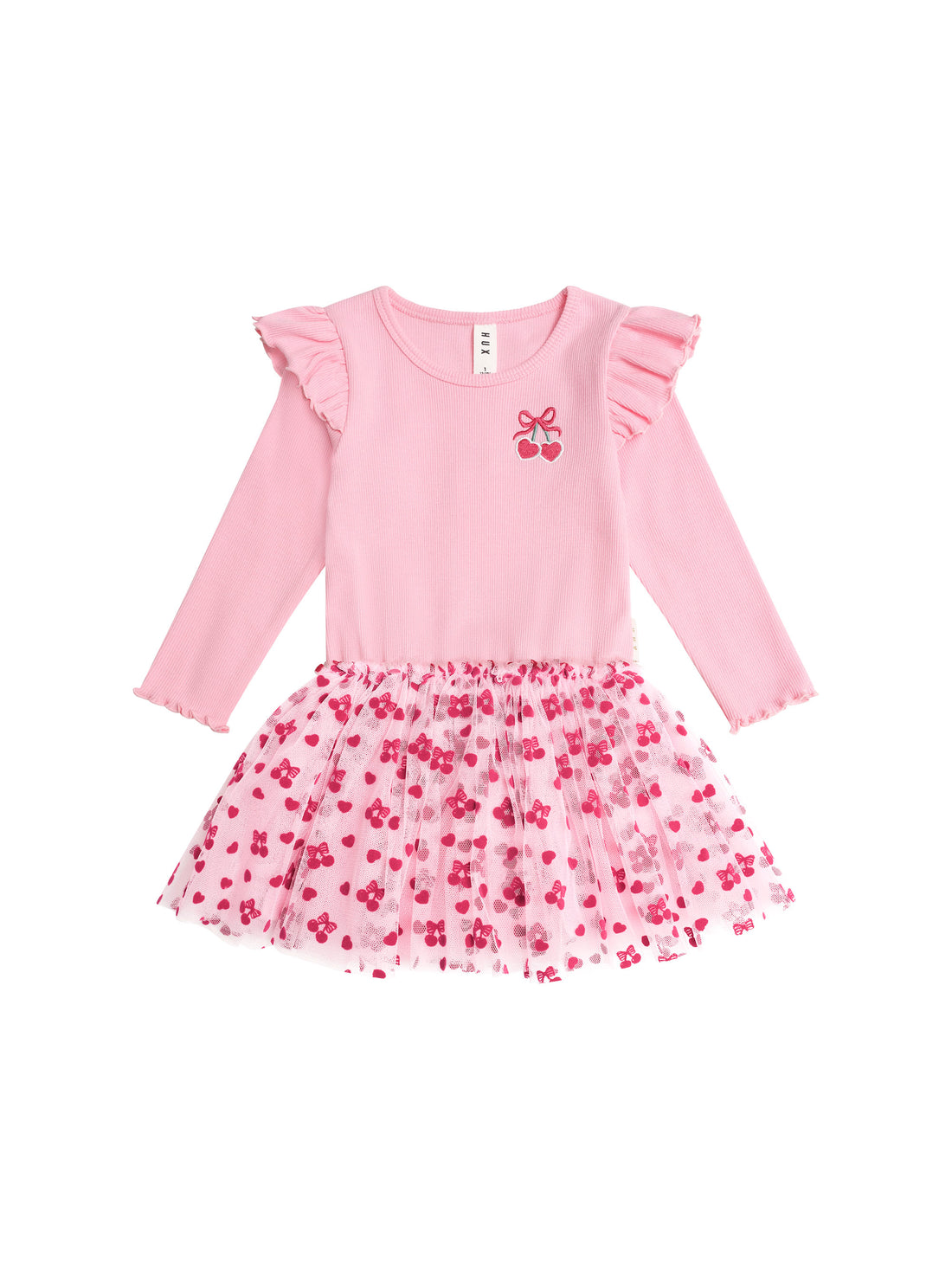 Huxbaby Long Sleeve Cherry Pie Rib Tulle Dress - Apricot