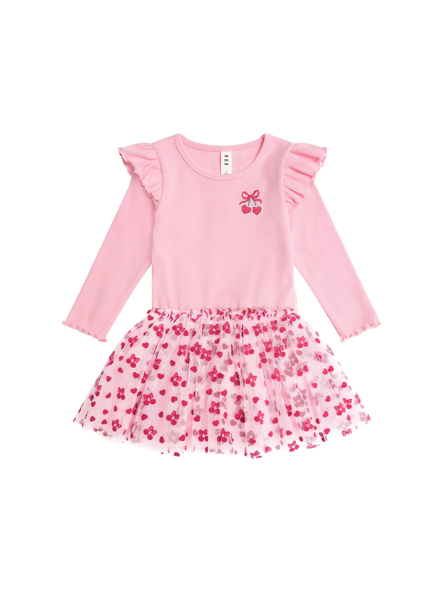 Huxbaby Long Sleeve Cherry Pie Rib Tulle Dress - Apricot