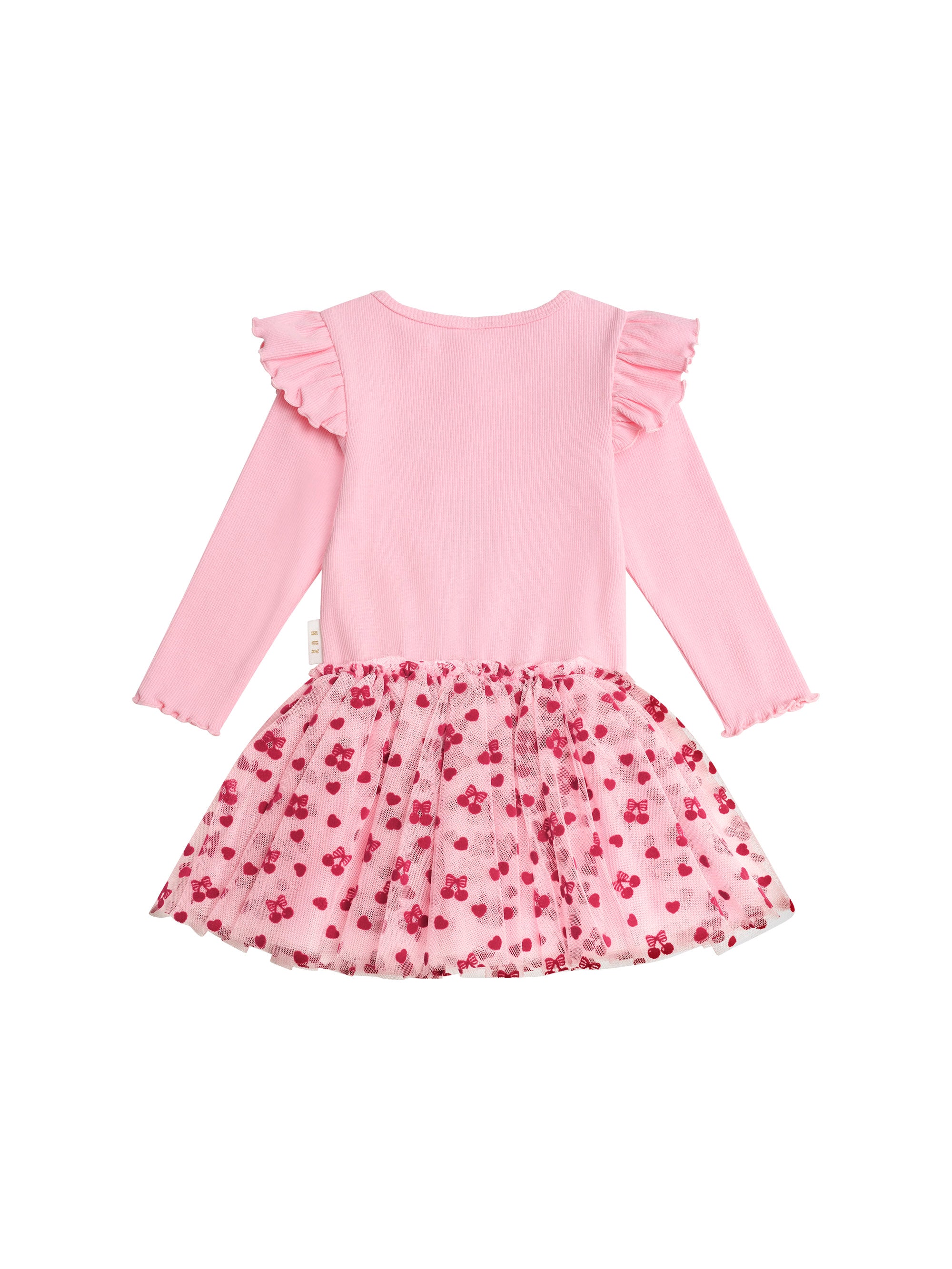 Huxbaby Long Sleeve Cherry Pie Rib Tulle Dress - Apricot