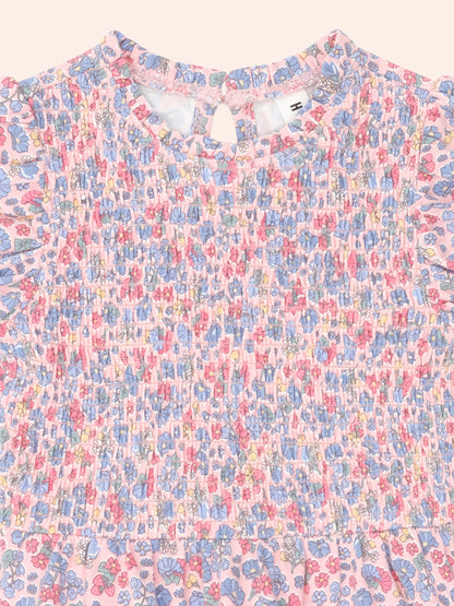 Huxbaby Vintage Floral Puff Sleeve Shirred Dress - Dusty Pink Multi
