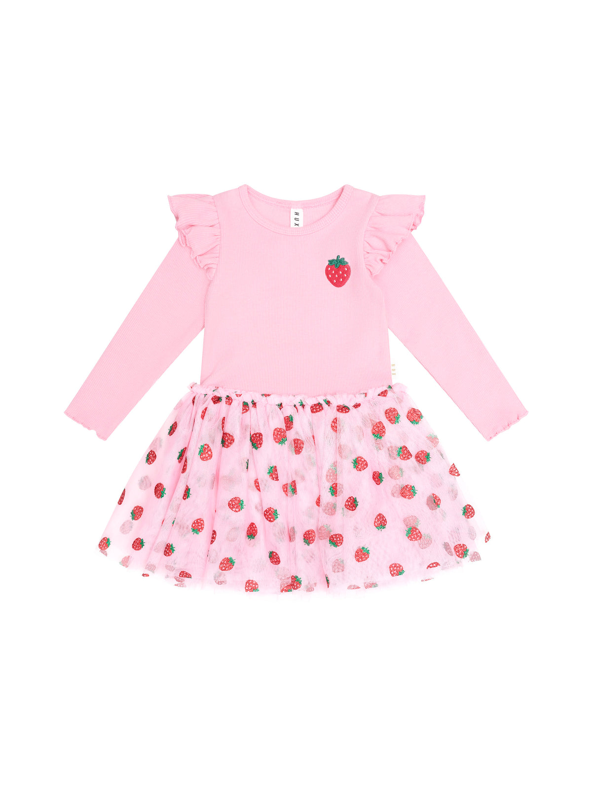Huxbaby Strawberry Emb Long Sleeve Tulle Dress - Strawberry Crème