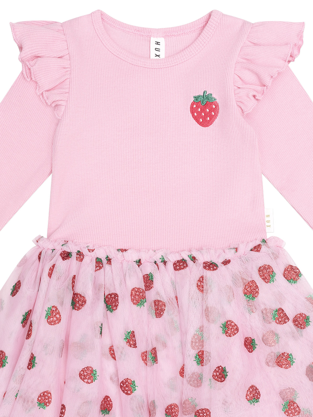 Huxbaby Strawberry Emb Long Sleeve Tulle Dress - Strawberry Crème