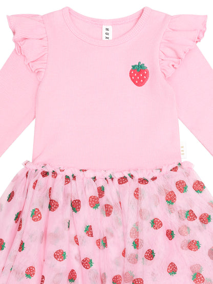 Huxbaby Strawberry Emb Long Sleeve Tulle Dress - Strawberry Crème