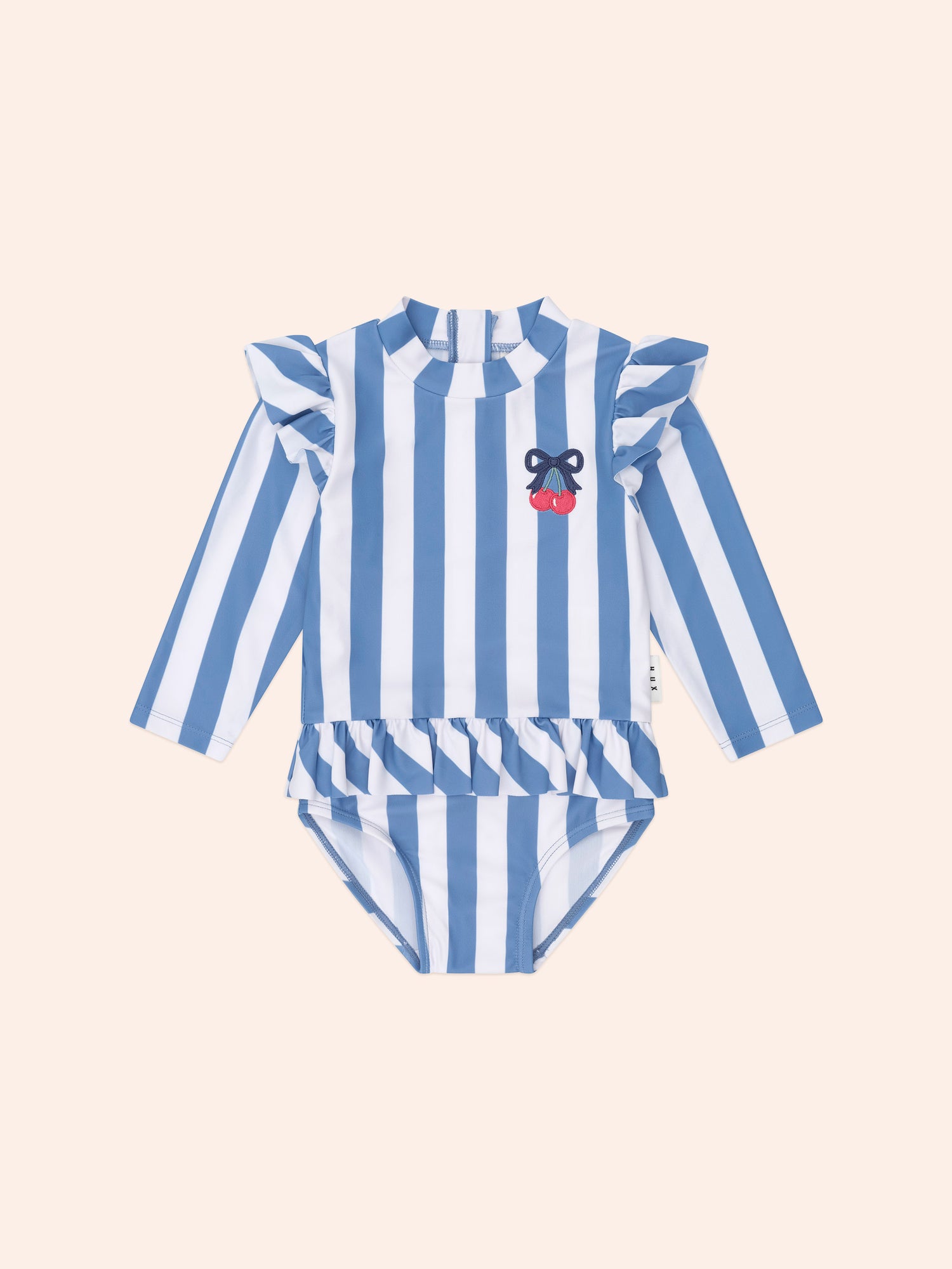 Huxbaby Vintage Stripe Cherry Peplum Swimsuit - Bijou Blue/Almond Milk