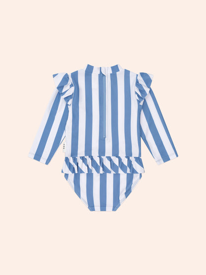 Huxbaby Vintage Stripe Cherry Peplum Swimsuit - Bijou Blue/Almond Milk