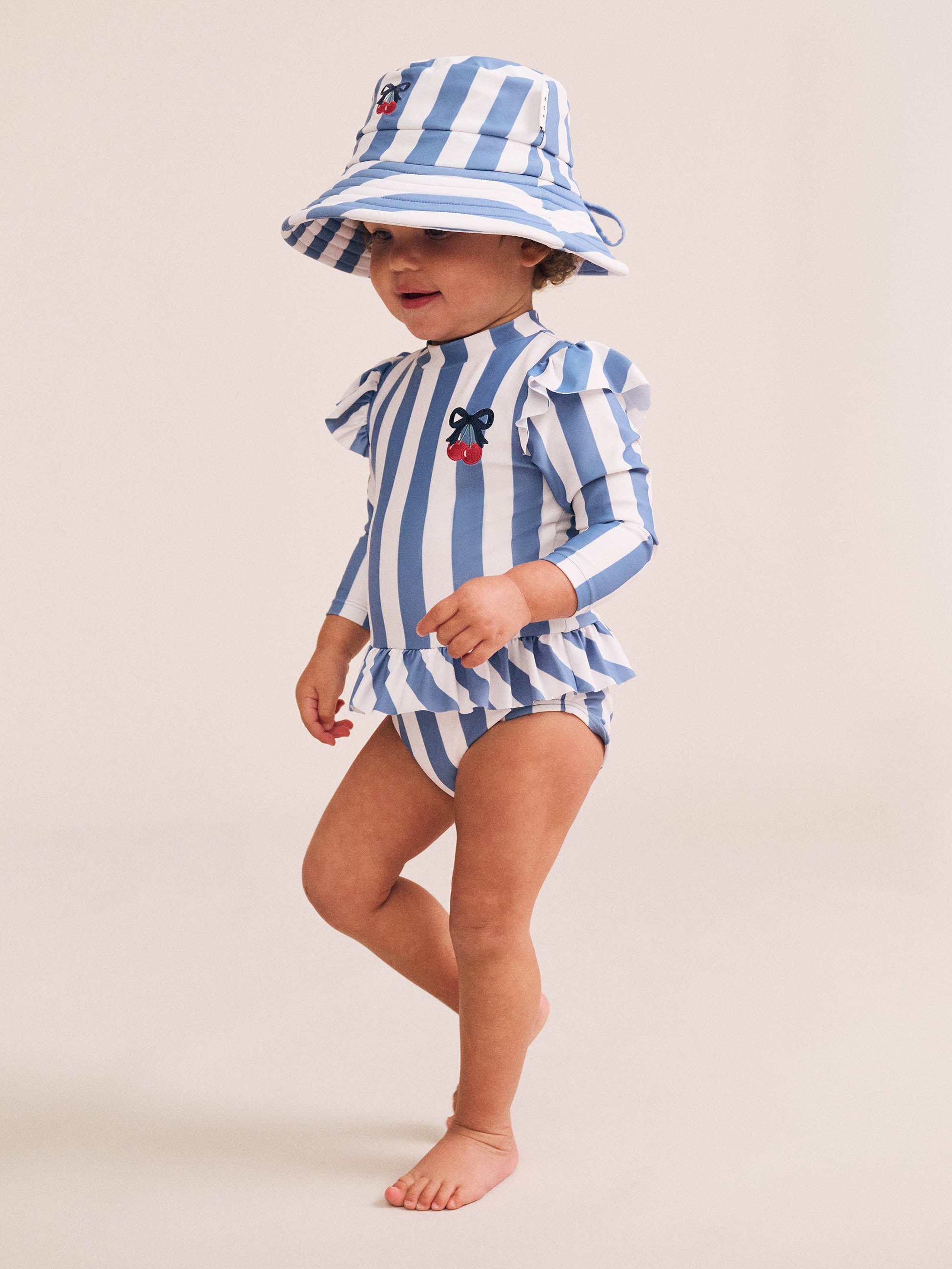 Huxbaby Vintage Stripe Cherry Peplum Swimsuit - Bijou Blue/Almond Milk