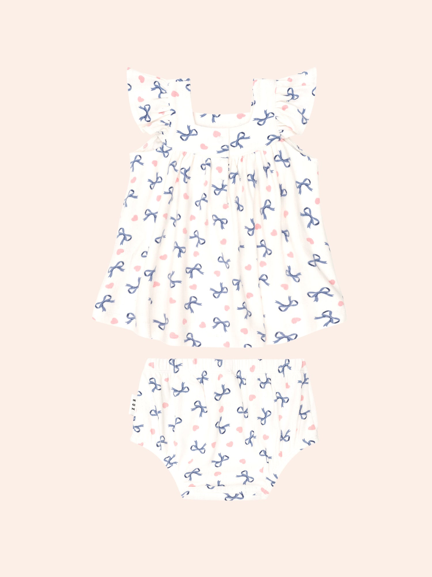 Huxbaby Hearts And Bows 2 Pieces Top And Blommer Set - Almond Milk