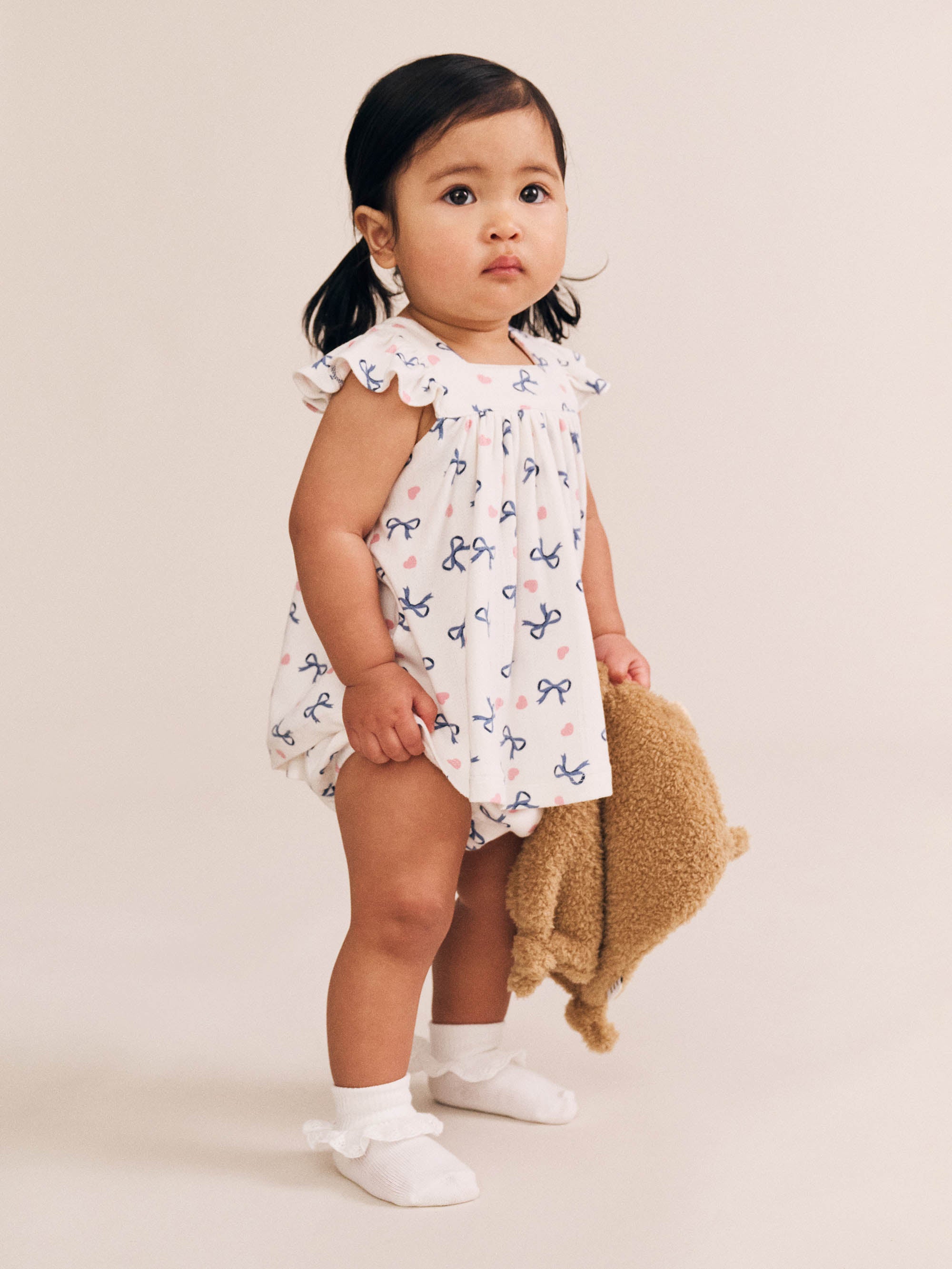 Huxbaby Hearts And Bows 2 Pieces Top And Blommer Set - Almond Milk