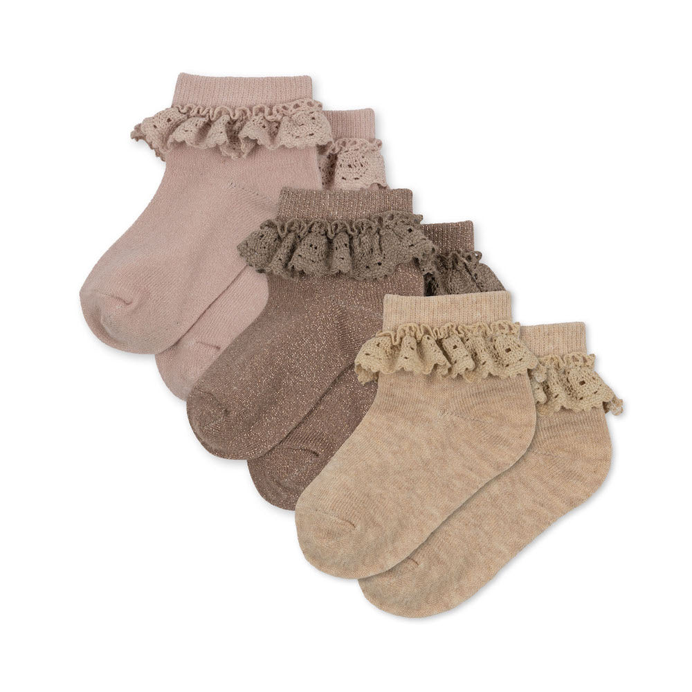 Konges Sløjd 3 Pack Lace Socks Lurex - Rose / Sand / Roebuck