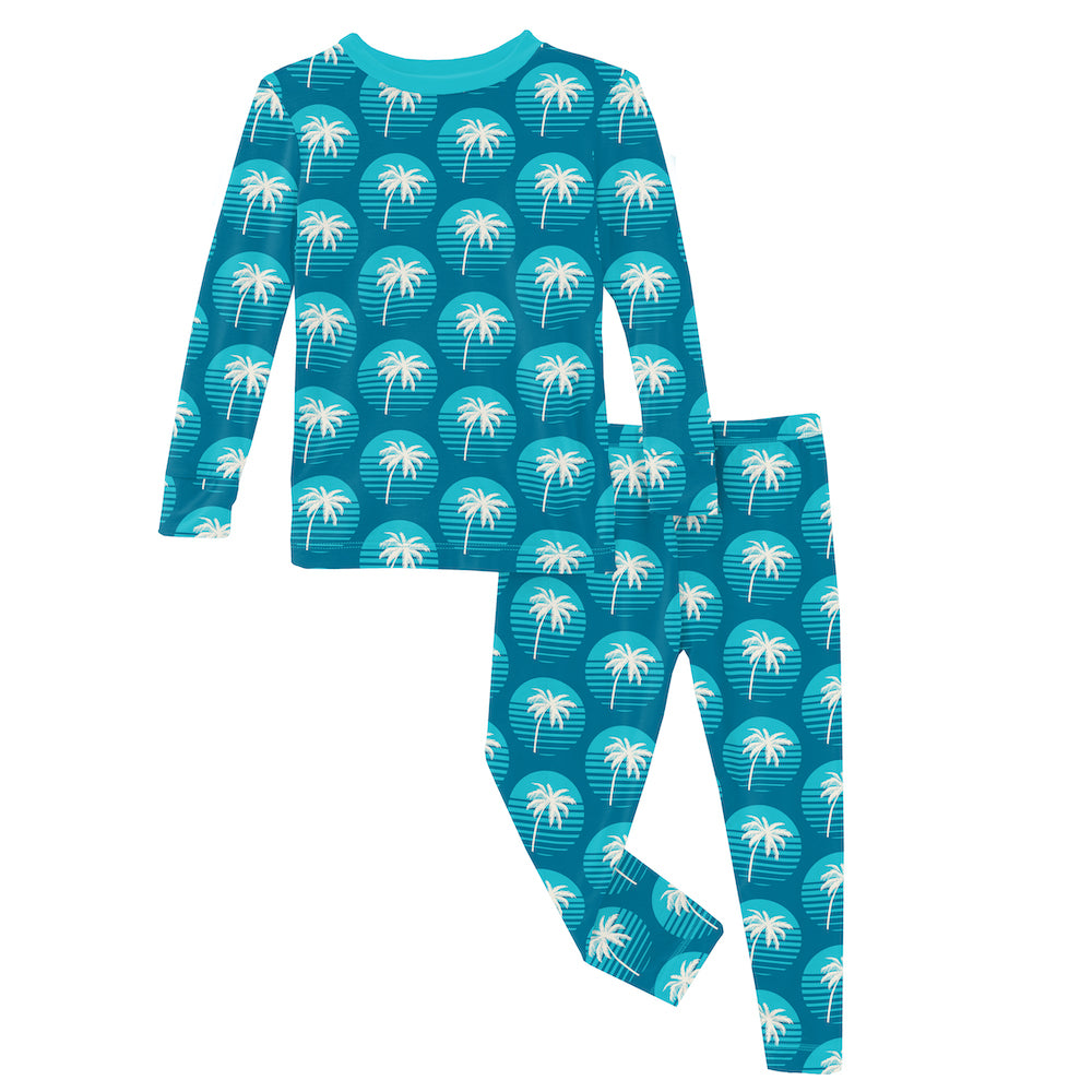Kickee Pants Print Long Sleeve Pajama Set - Cerulean Blue Palm Tree Sun