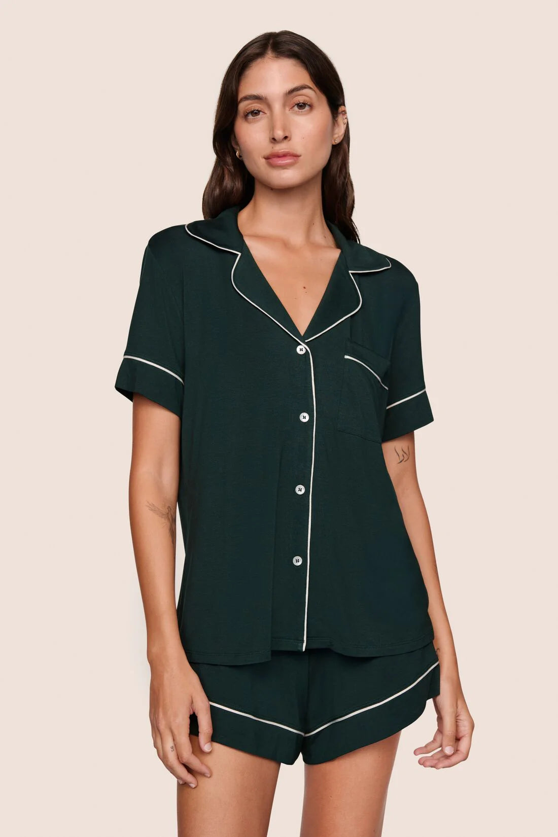 Eberjey Gisele Relaxed Short PJ Set - Pine/Ivory