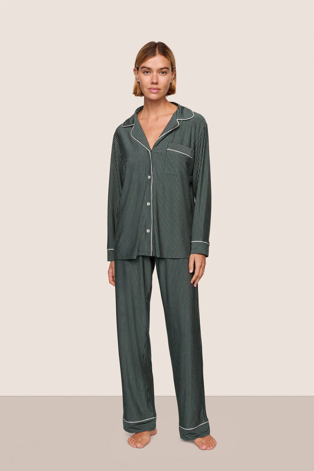Eberjey Gisele Printed Long PJ Set - Duo Stripe Pine/Ivory