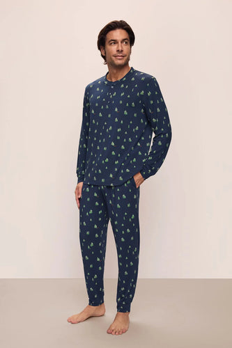 Eberjey Men's Henry Printed Long Pj Set - Woodland Pine Navy/Ivory