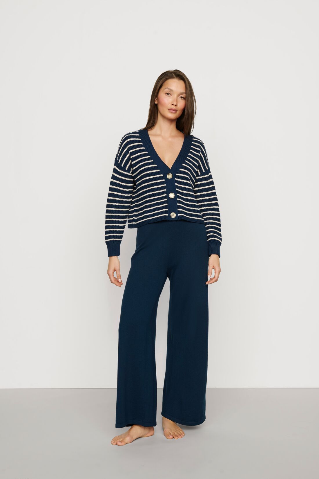 Eberjey Fine Gauze Coastal Cropped Cardigan - Stripe Navy / Ivory