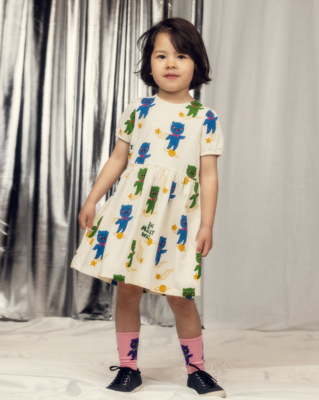Mini Rodini Aliens All Over Print Short Sleeve Dress - Off White