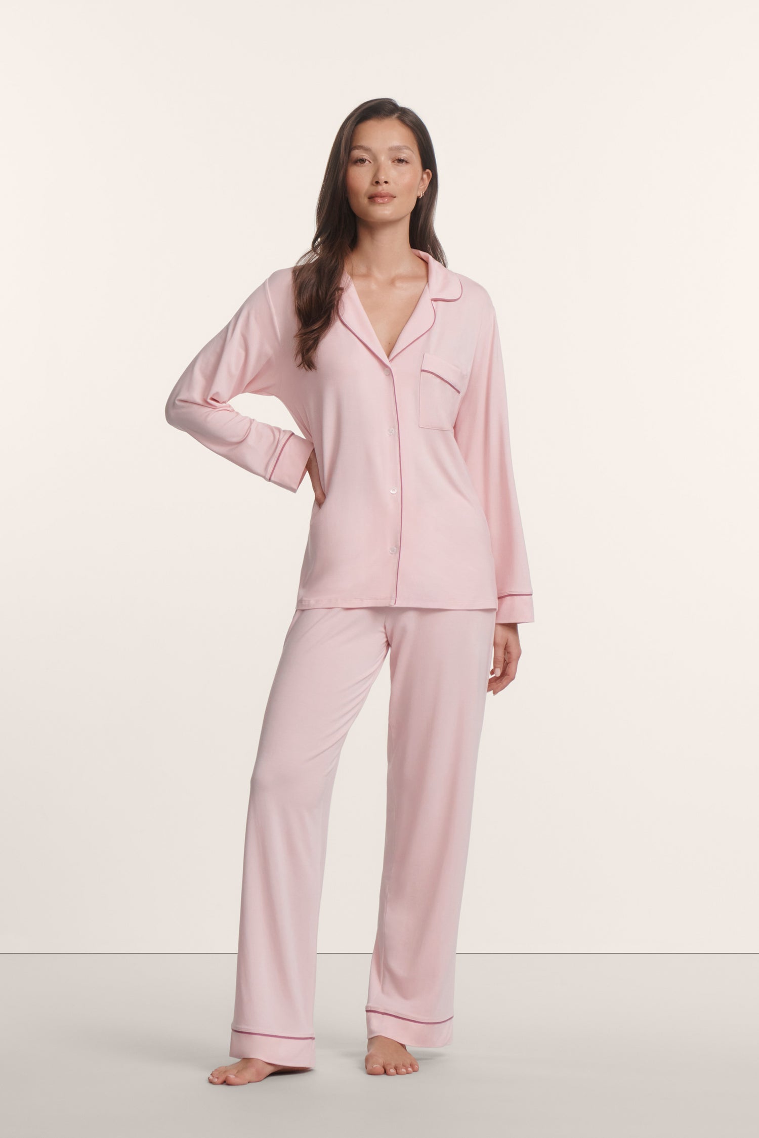 Eberjey Gisele  Long PJ Set - Pale Pink / Fig