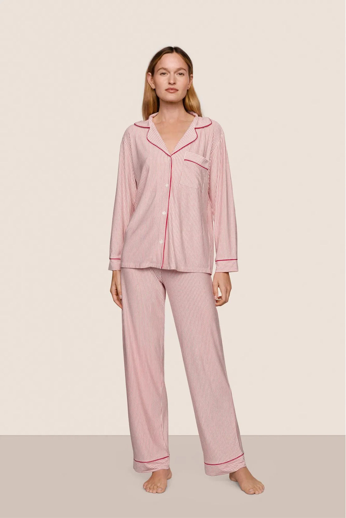 Eberjey Gisele Printed Long PJ Set -  Duo Stripe Holly red/Holly red