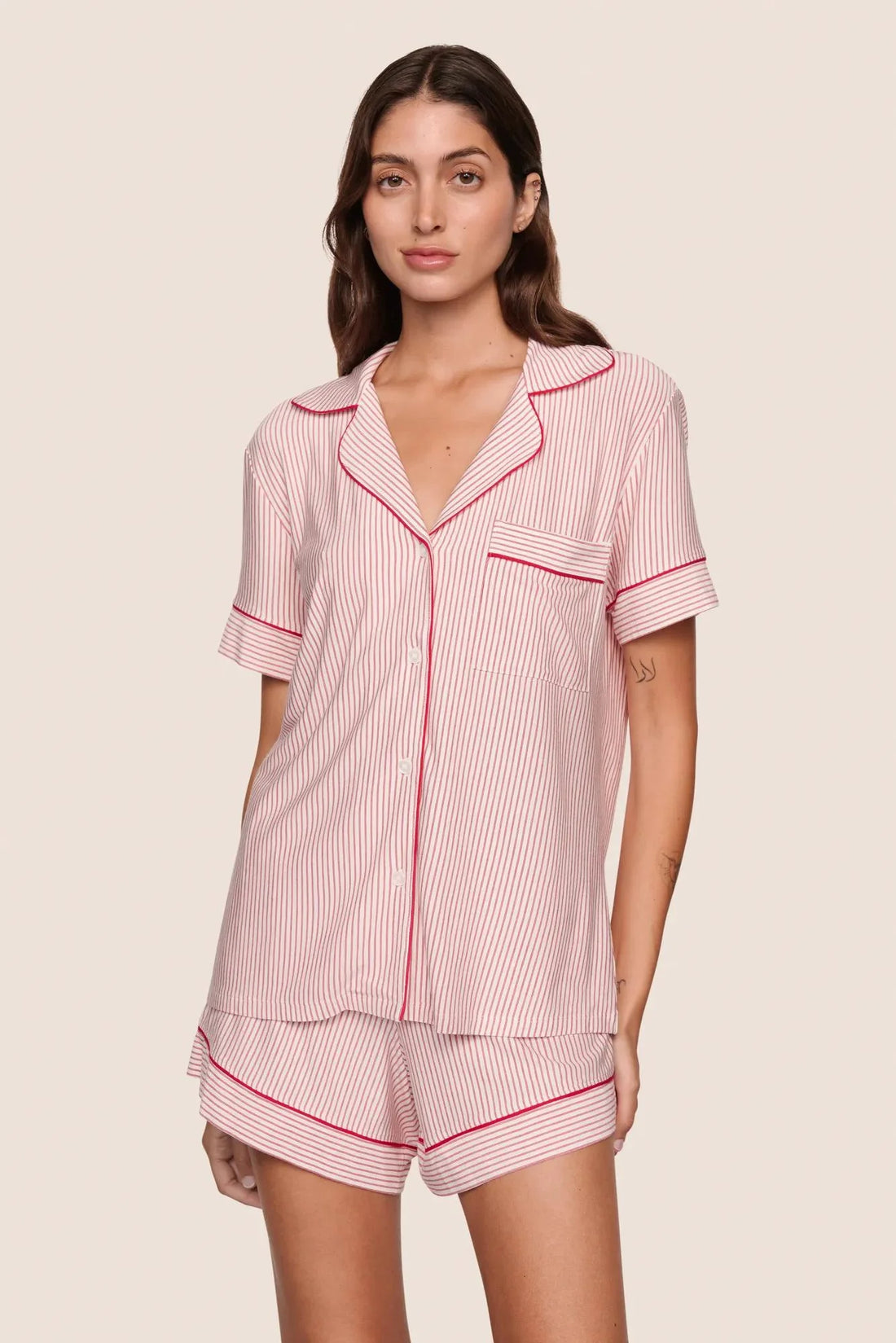 Eberjey Gisele Printed Relaxed Short Pj Set - Duo Stripe Holly red/Holly red