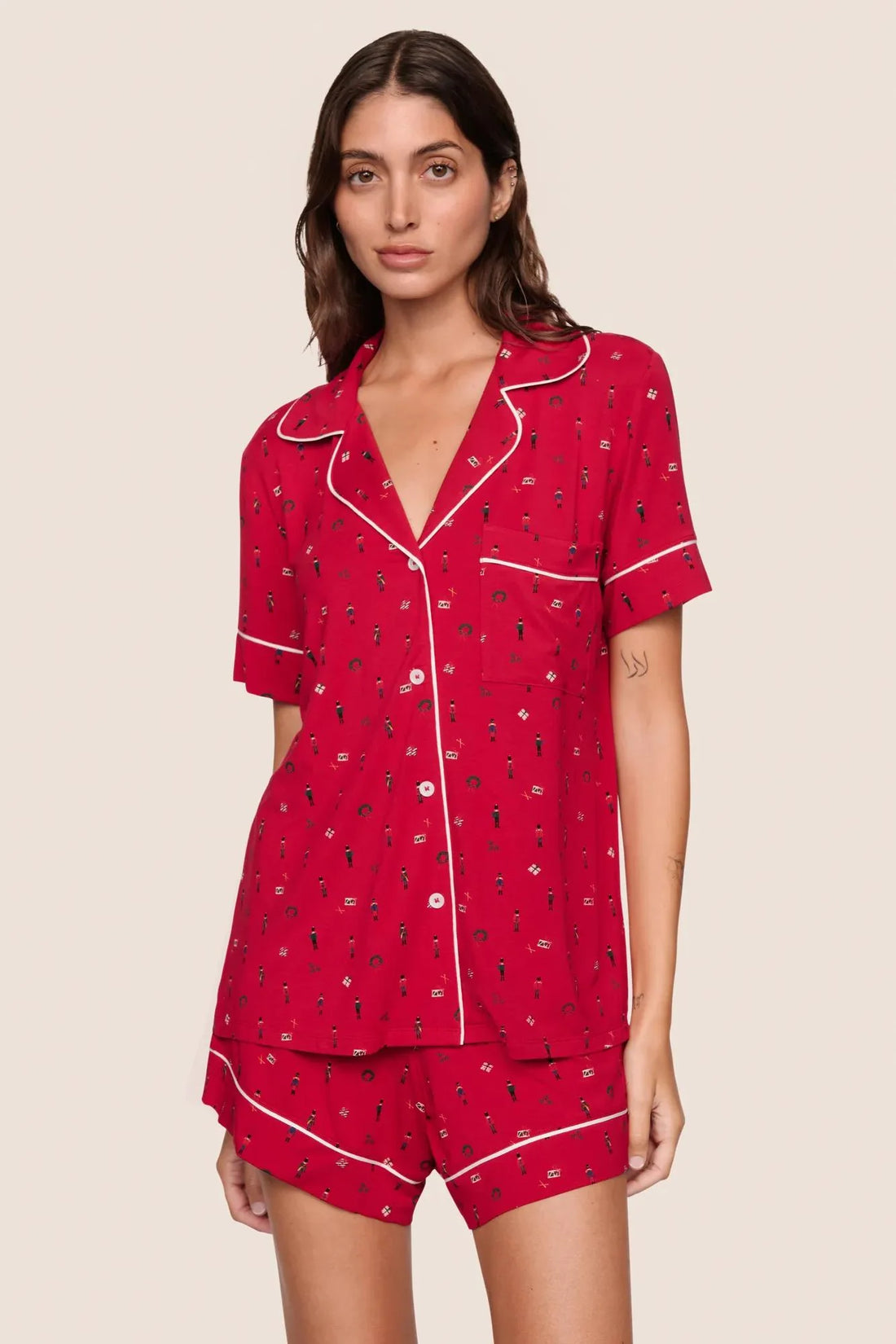 Eberjey Gisele Printed Relaxed Short Pj Set - Nutcracker Holly Red/Ivory