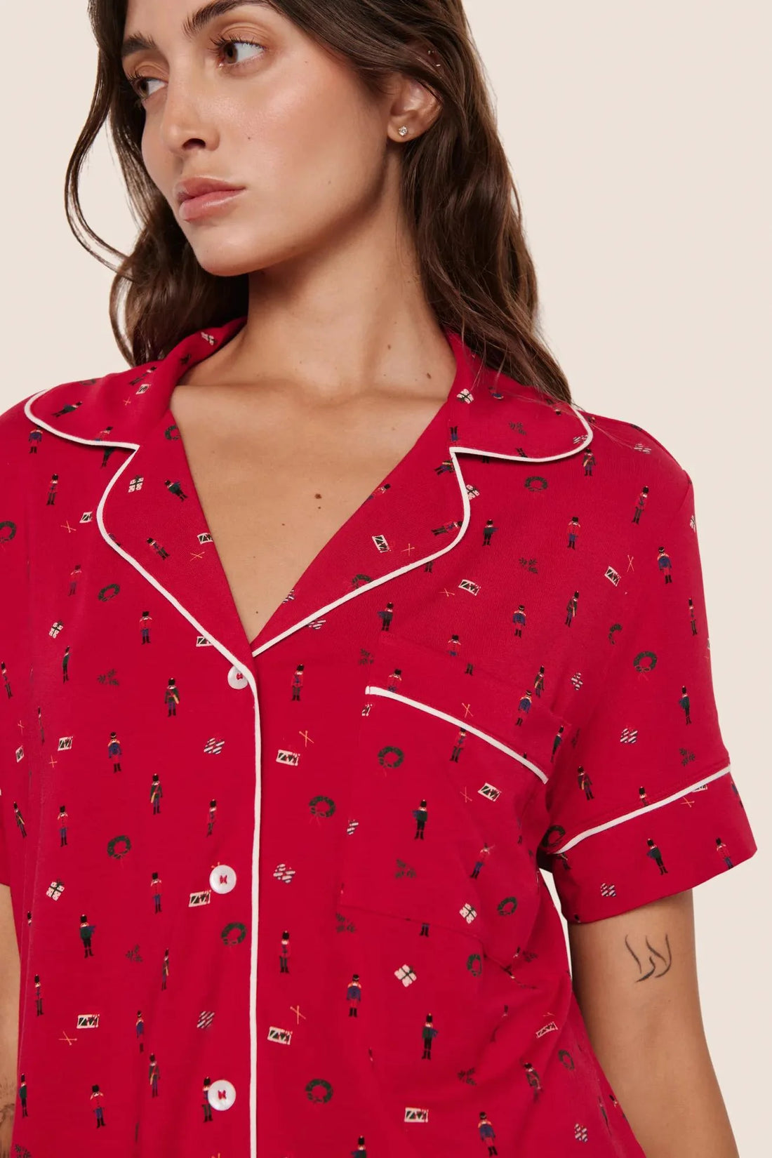 Eberjey Gisele Printed Relaxed Short Pj Set - Nutcracker Holly Red/Ivory