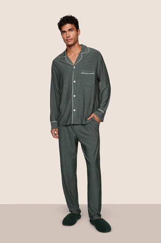 Eberjey Men's William Printed Long Pj Set - Duo Stripe Pine/Ivory