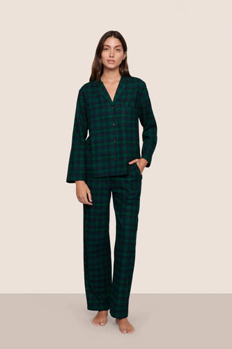 Eberjey Flannel Long PJ Set - Black Watch Tartan Rainforest/Navy