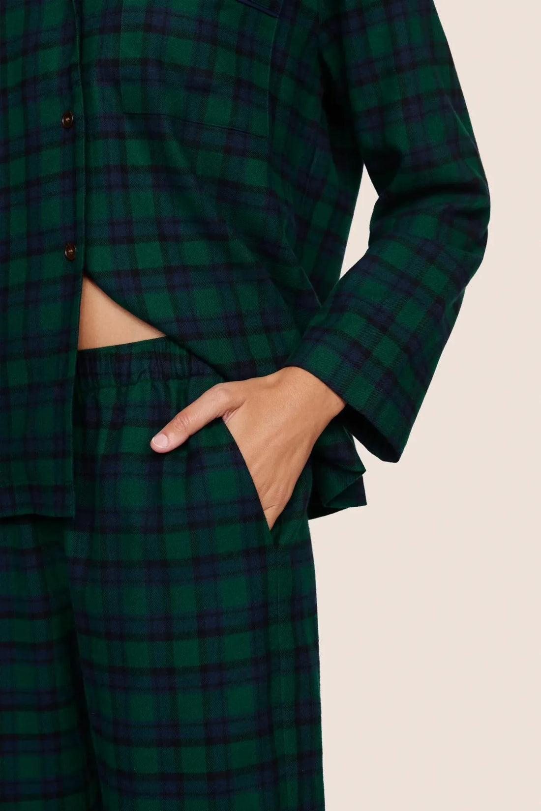 Eberjey Flannel Long PJ Set - Black Watch Tartan Rainforest/Navy