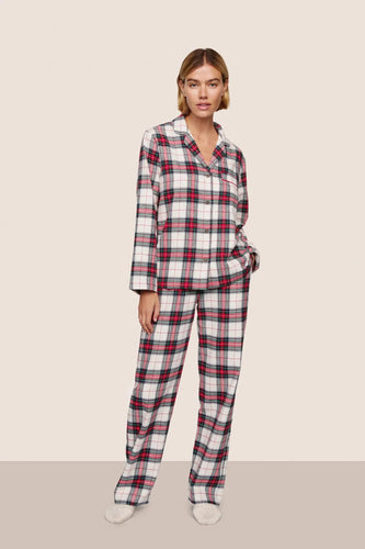 Eberjey Flannel Long PJ Set - Tartan Plaid Ivory/Holly Red
