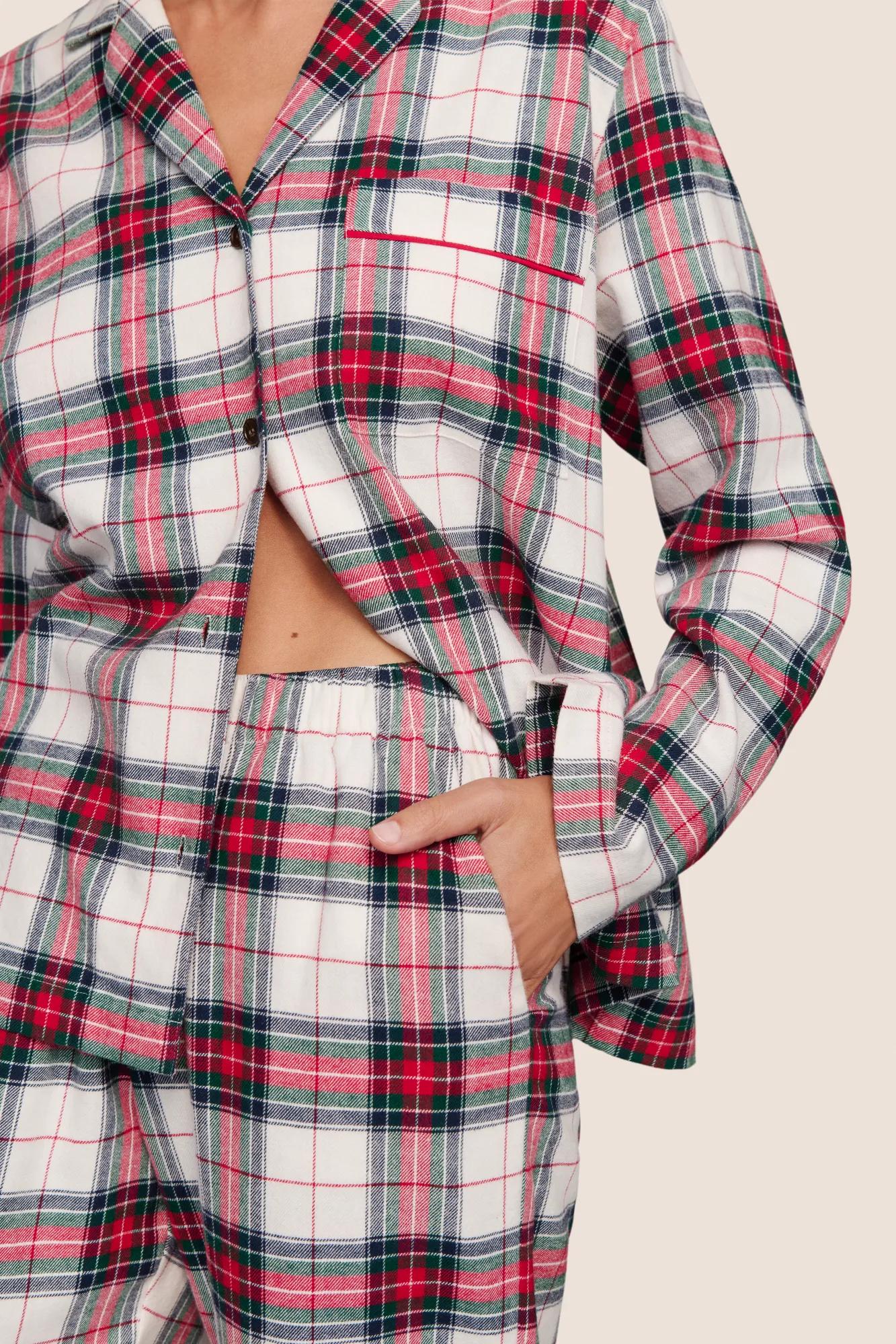 Eberjey Flannel Long PJ Set - Tartan Plaid Ivory/Holly Red