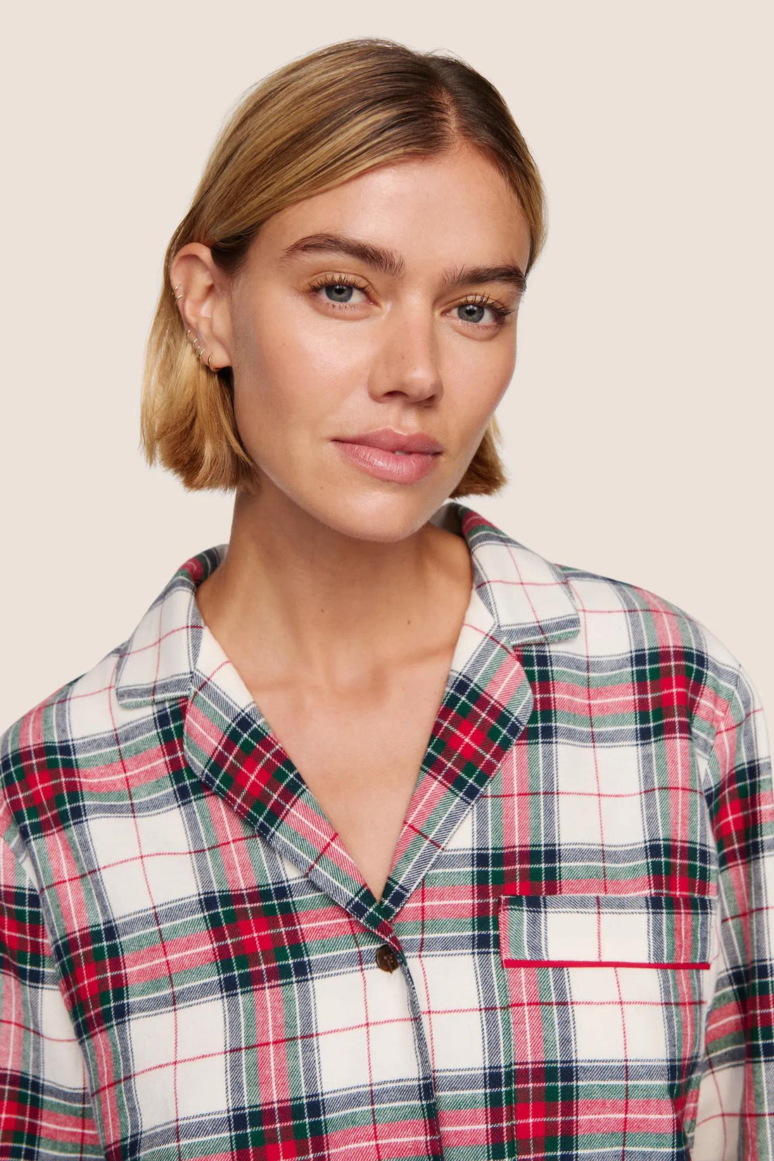 Eberjey Flannel Long PJ Set - Tartan Plaid Ivory/Holly Red