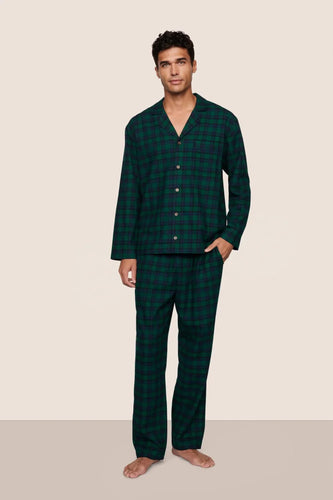Eberjey Mens Flannel Long PJ Set - Black Watch Tartan Rainforest/Navy