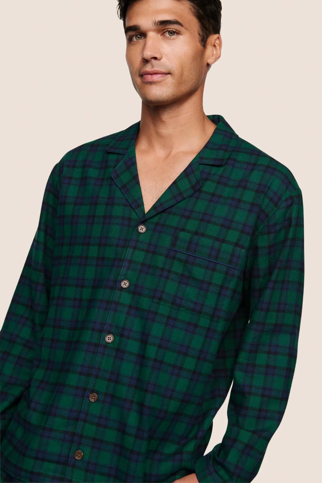 Eberjey Mens Flannel Long PJ Set - Black Watch Tartan Rainforest/Navy